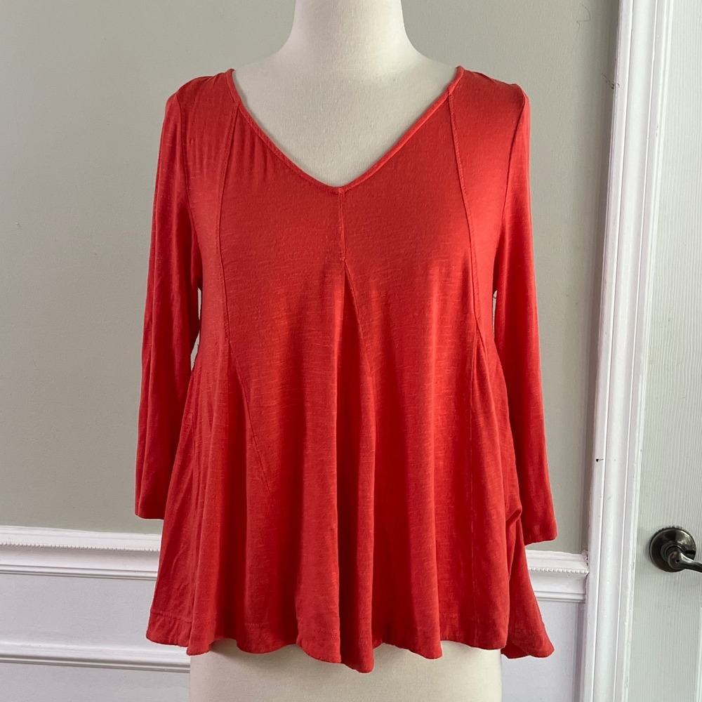 Deletta Swing Top Sz M Women V-Neck Slub Knit 3/4 Sleeve Coral Boho Flowy Layer